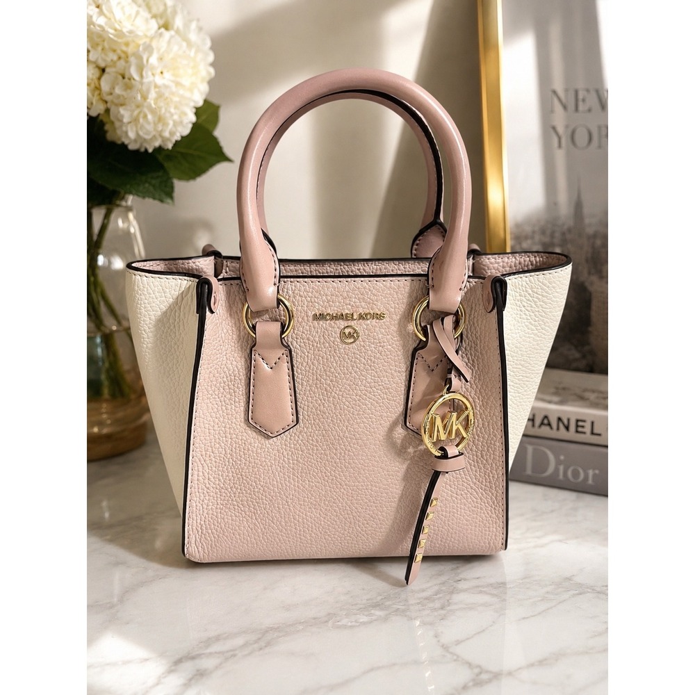Michael Kors Kris Small Satchel Pink Cream Pebbled Leather Gold Hardware Handbag
